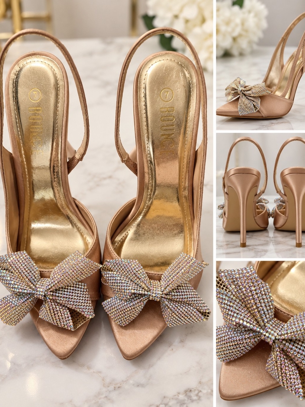 Rouge Helium Rose Gold Bow Crystal Slingback Heels